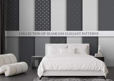 Collection of vector geometric seamless patterns - monochrome minimalistic design. Simple dotted and striped textures - endless backgrounds. Black and gray textile repeatable prints Wall mural