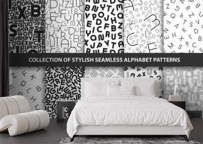 Collection of vector seamless alphabet patterns. Stylish white backgrounds with black latin letters. Trendy textile monochrome textures Wall mural