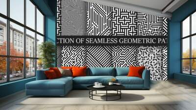 Collection of vector seamless geometric patterns. Striped black and white abstract backgrounds. Monochrome linear textures. Endless unusual prints Wall mural