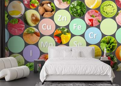 Essential trace elements of the human body include zinc (Zn), copper (Cu), selenium (Se), chromium (Cr), cobalt (Co), iodine (I), manganese (Mn), and molybdenum (Mo) on dark background - Panorama Wall mural