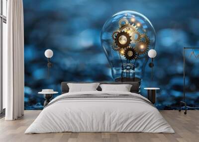 A light bulb with gears inside, representing creativity and innovation Wall mural