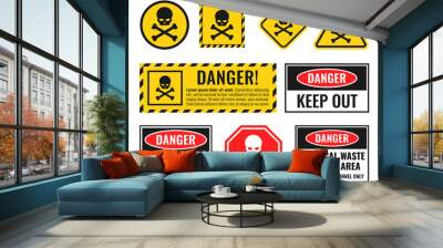 danger sign with scull and crossbones, warning icons set Wall mural