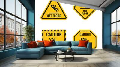 wet floor danger caution sign set, slippery floor warning notice Wall mural