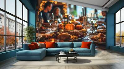 A family gathers for Thanksgiving dinner, filling the dining table with food and laughter. Wall mural