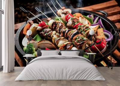 A savory kebab of grilled chicken and vegetables is carefully prepared - generative ai. Wall mural