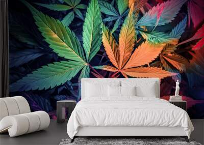 Vibrant cannabis leaves in a psychedelic array of colors are presented - generative ai. Wall mural