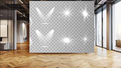 Light effect set. Glow isolated white transparent light effect set, lens flare, explosion, glitter, dust, line, sun flash, spark and stars, spotlight, curve twirl. Sunlight, abstract special effect. Wall mural