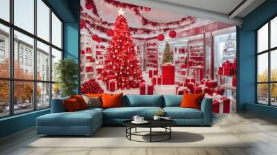 living room with Christmas tree and sofa and decoration and gifts Wall mural