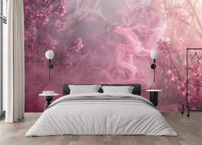 Pink smoke over cherry blossom garden, soft floral background in minimalist style. Wall mural