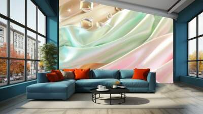 Streams of light pink and mint green intertwine on a flowing golden abstract background, highlighted by neon hexagons and a chorus of silver stars, creating an elegant visual melody. Wall mural