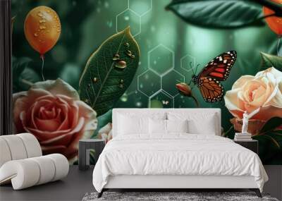 Tranquil magnolia grove with petrol dew drops, six-sided leaf designs, a butterfly, three roses, and balloons celebrating magnolia aesthetics. Wall mural