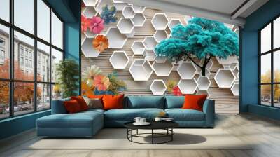 White lattice and turquoise elements combine with dynamic hexagons in an oak wood mural design. Wall mural