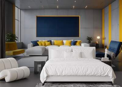 High end modern living room with white leather couch and a large flat screen tv mounted on the wall, brutalist architecture mixed with modern futuristic minimal design Wall mural