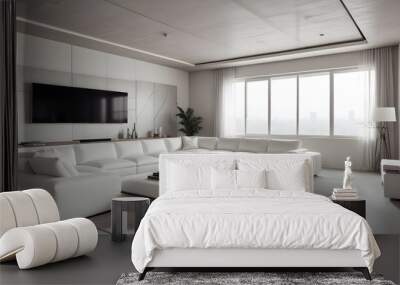 High end modern living room with white leather couch and a large flat screen tv mounted on the wall, brutalist architecture mixed with modern futuristic minimal design Wall mural