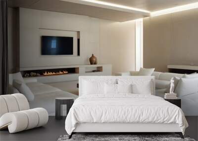 High end modern living room with white leather couch and a large flat screen tv mounted on the wall, brutalist architecture mixed with modern futuristic minimal design Wall mural