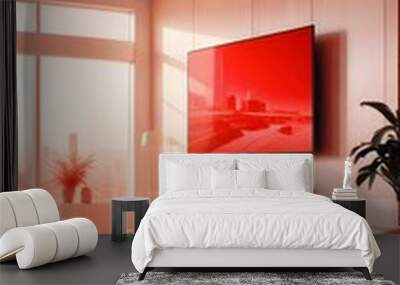 High end modern living room with white leather couch and a large flat screen tv mounted on the wall, brutalist architecture mixed with modern futuristic minimal design Wall mural