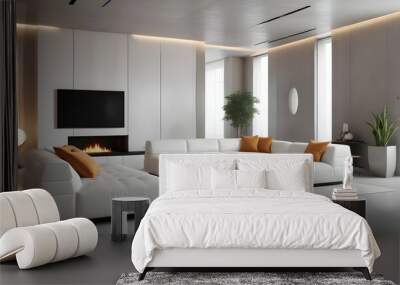 High end modern living room with white leather couch and a large flat screen tv mounted on the wall, brutalist architecture mixed with modern futuristic minimal design Wall mural