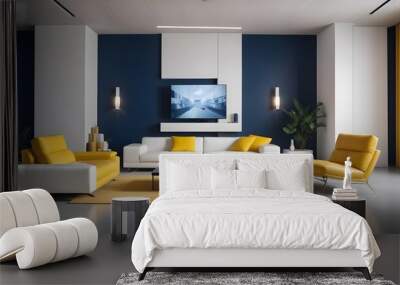 High end modern living room with white leather couch and a large flat screen tv mounted on the wall, brutalist architecture mixed with modern futuristic minimal design Wall mural