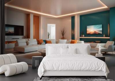 High end modern living room with white leather couch and a large flat screen tv mounted on the wall, brutalist architecture mixed with modern futuristic minimal design Wall mural