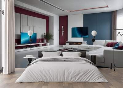 High end modern living room with white leather couch and a large flat screen tv mounted on the wall, brutalist architecture mixed with modern futuristic minimal design Wall mural