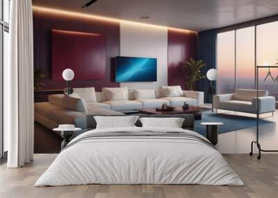 High end modern living room with white leather couch and a large flat screen tv mounted on the wall, brutalist architecture mixed with modern futuristic minimal design Wall mural