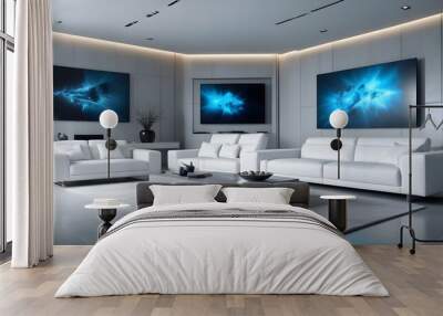 High end modern living room with white leather couch and a large flat screen tv mounted on the wall, brutalist architecture mixed with modern futuristic minimal design Wall mural