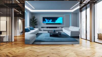 High end modern living room with white leather couch and a large flat screen tv mounted on the wall, brutalist architecture mixed with modern futuristic minimal design Wall mural