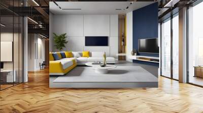 High end modern living room with white leather couch and a large flat screen tv mounted on the wall, brutalist architecture mixed with modern futuristic minimal design Wall mural