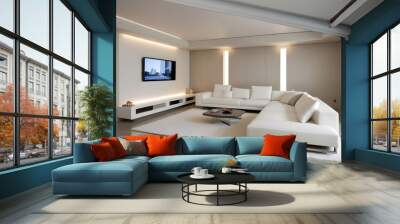 High end modern living room with white leather couch and a large flat screen tv mounted on the wall, brutalist architecture mixed with modern futuristic minimal design Wall mural