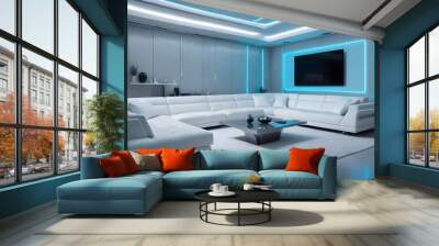 High end modern living room with white leather couch and a large flat screen tv mounted on the wall, brutalist architecture mixed with modern futuristic minimal design Wall mural