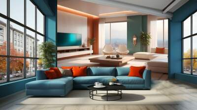 High end modern living room with white leather couch and a large flat screen tv mounted on the wall, brutalist architecture mixed with modern futuristic minimal design Wall mural