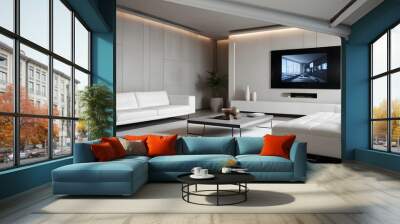 High end modern living room with white leather couch and a large flat screen tv mounted on the wall, brutalist architecture mixed with modern futuristic minimal design Wall mural