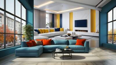 High end modern living room with white leather couch and a large flat screen tv mounted on the wall, brutalist architecture mixed with modern futuristic minimal design Wall mural