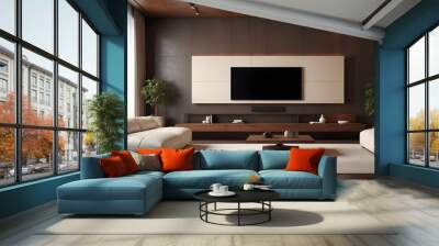 High end modern living room with white leather couch and a large flat screen tv mounted on the wall, brutalist architecture mixed with modern futuristic minimal design Wall mural