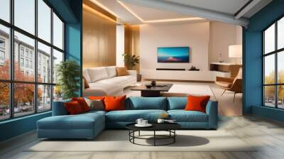 High end modern living room with white leather couch and a large flat screen tv mounted on the wall, brutalist architecture mixed with modern futuristic minimal design Wall mural