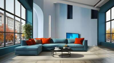 High end modern living room with white leather couch and a large flat screen tv mounted on the wall, brutalist architecture mixed with modern futuristic minimal design Wall mural