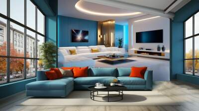 High end modern living room with white leather couch and a large flat screen tv mounted on the wall, brutalist architecture mixed with modern futuristic minimal design Wall mural