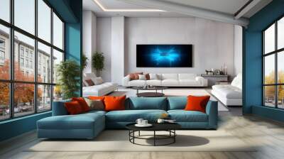 High end modern living room with white leather couch and a large flat screen tv mounted on the wall, brutalist architecture mixed with modern futuristic minimal design Wall mural