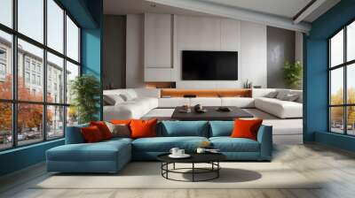 High end modern living room with white leather couch and a large flat screen tv mounted on the wall, brutalist architecture mixed with modern futuristic minimal design Wall mural