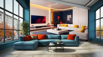 High end modern living room with white leather couch and a large flat screen tv mounted on the wall, brutalist architecture mixed with modern futuristic minimal design Wall mural