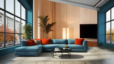 High end modern living room with white leather couch and a large flat screen tv mounted on the wall, brutalist architecture mixed with modern futuristic minimal design Wall mural