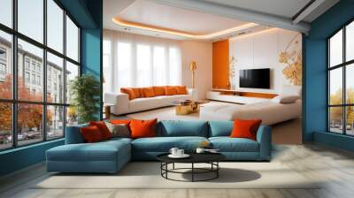 High end modern living room with white leather couch and a large flat screen tv mounted on the wall, brutalist architecture mixed with modern futuristic minimal design Wall mural