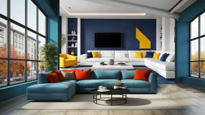 High end modern living room with white leather couch and a large flat screen tv mounted on the wall, brutalist architecture mixed with modern futuristic minimal design Wall mural