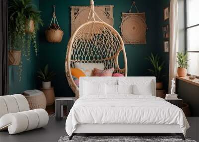 interior design style- reading nook with a hanging rattan chair, cozy floor pouf, and a macrame wall hanging Wall mural