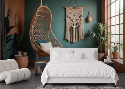 interior design style- reading nook with a hanging rattan chair, cozy floor pouf, and a macrame wall hanging Wall mural