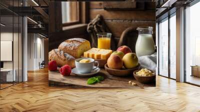 Fruits, milk, bread, butter and cheese wallpaper background to indicate nutrition breakfast with the prosperous greets	 Wall mural