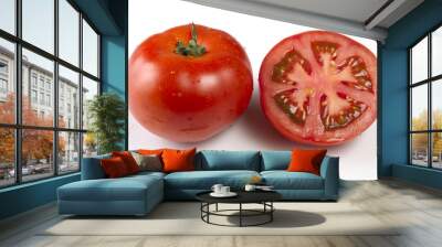 ingredient for Caprese salad. Tomatoes isolated on white. One whole and one cut in half Wall mural