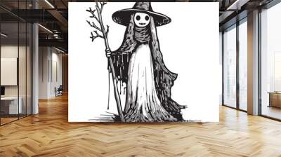 Spooky witch illustration with hat, mask, and wand in black and white Wall mural