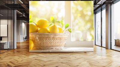 Basket lemon grove in window background kitchen. Wall mural