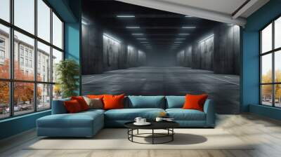 Black dark room corridor hall white neon light concrete Wall mural